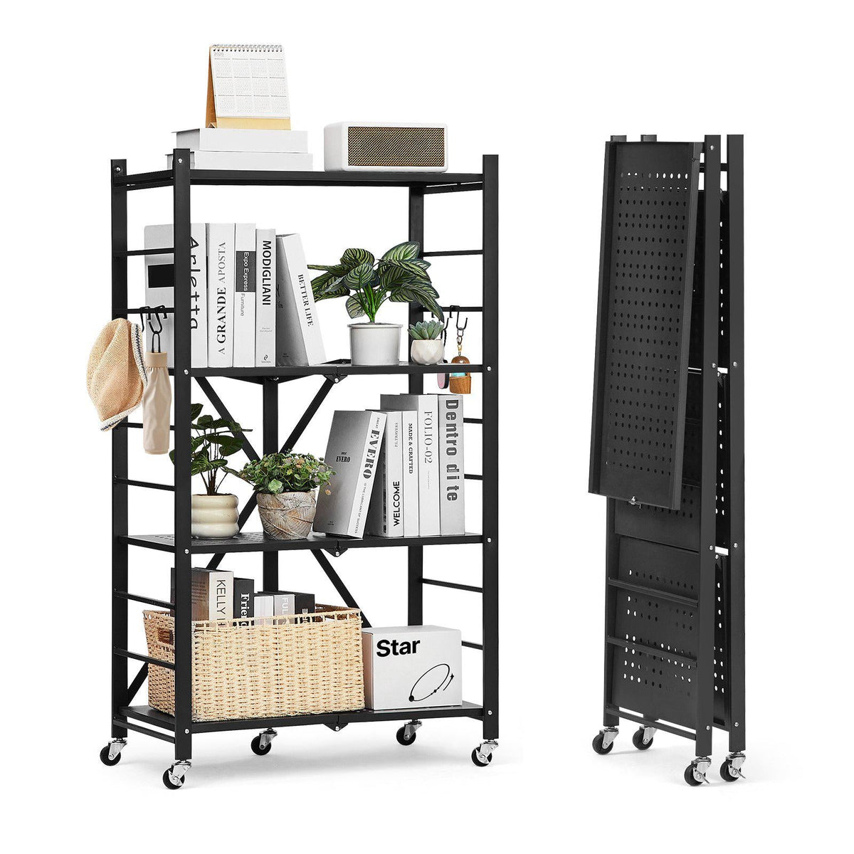 4-Tier Foldable Storage Shelf, 26W x 13D x 46H Inch Folding Metal Rack Shelving Unit, No Assembly Organizer Shelf with 5 Wheels & 4 Hooks for Pantry, Kitchen, Garage, Basement, Black