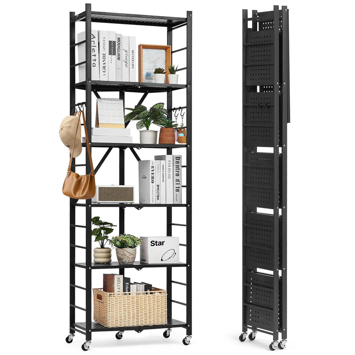 6-Tier Foldable Storage Shelf, 24W x 12D x 72H Inch Folding Metal Rack Shelving Unit, No Assembly Organizer Shelf with 5 Wheels & 4 Hooks for Pantry, Kitchen, Garage, Basement, Black