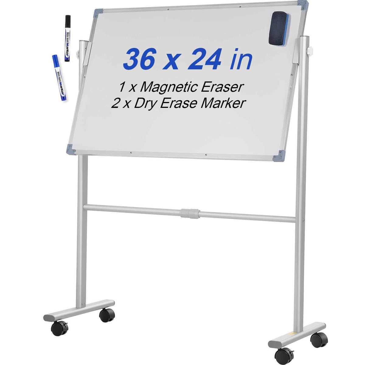 Mobile Magnetic Whiteboard, 36 x 24 Inch, Double Sided, 360 Degree Reversible Rolling Dry Erase Board, Height Adjustable with Aluminum Frame and Lockable Swivel Wheels, for Office School Home