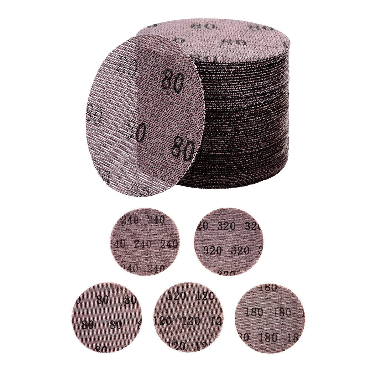 5-inch Mesh Abrasive Sanding Discs 50PCS, Grit 80/120/180/240/320 Assorted Anti-Clogging Ceramic Mesh Sandpapers, Hook-and-Loop Sanding Discs for Metal Wood Plaster, Car Body, Paint Removal