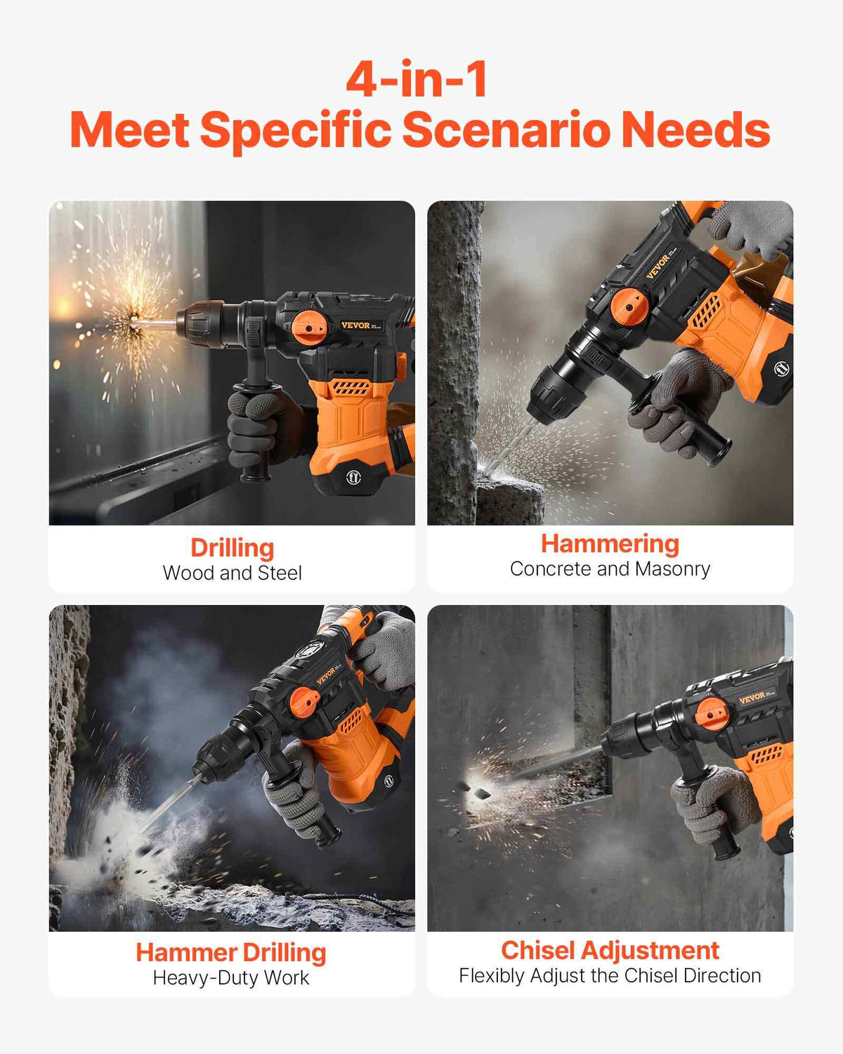 1-1/4 Inch SDS-Plus Rotary Hammer Drill, 13 Amp Corded Drills, Heavy Duty Chipping Hammers with Vibration Control & Safety Clutch, Electric Demolition Hammers Variable Speed, Power Tool For Conc