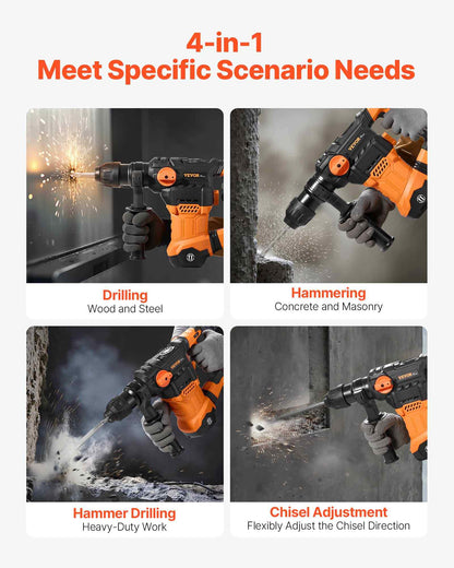 1-1/4 Inch SDS-Plus Rotary Hammer Drill, 13 Amp Corded Drills, Heavy Duty Chipping Hammers with Vibration Control & Safety Clutch, Electric Demolition Hammers Variable Speed, Power Tool For Conc