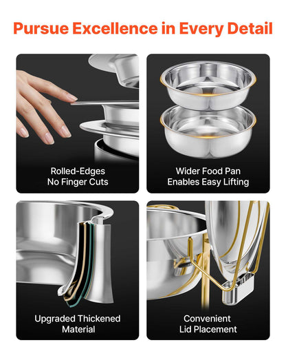 Chafing Dish Buffet Set, 5 Qt 4 Pack, Stainless Steel Chafer with 4 Full Size Pans, Round Catering Warmer Server with Lid Water Pan Folding Stand Clip, for Weddings Parties Banquets, Gold