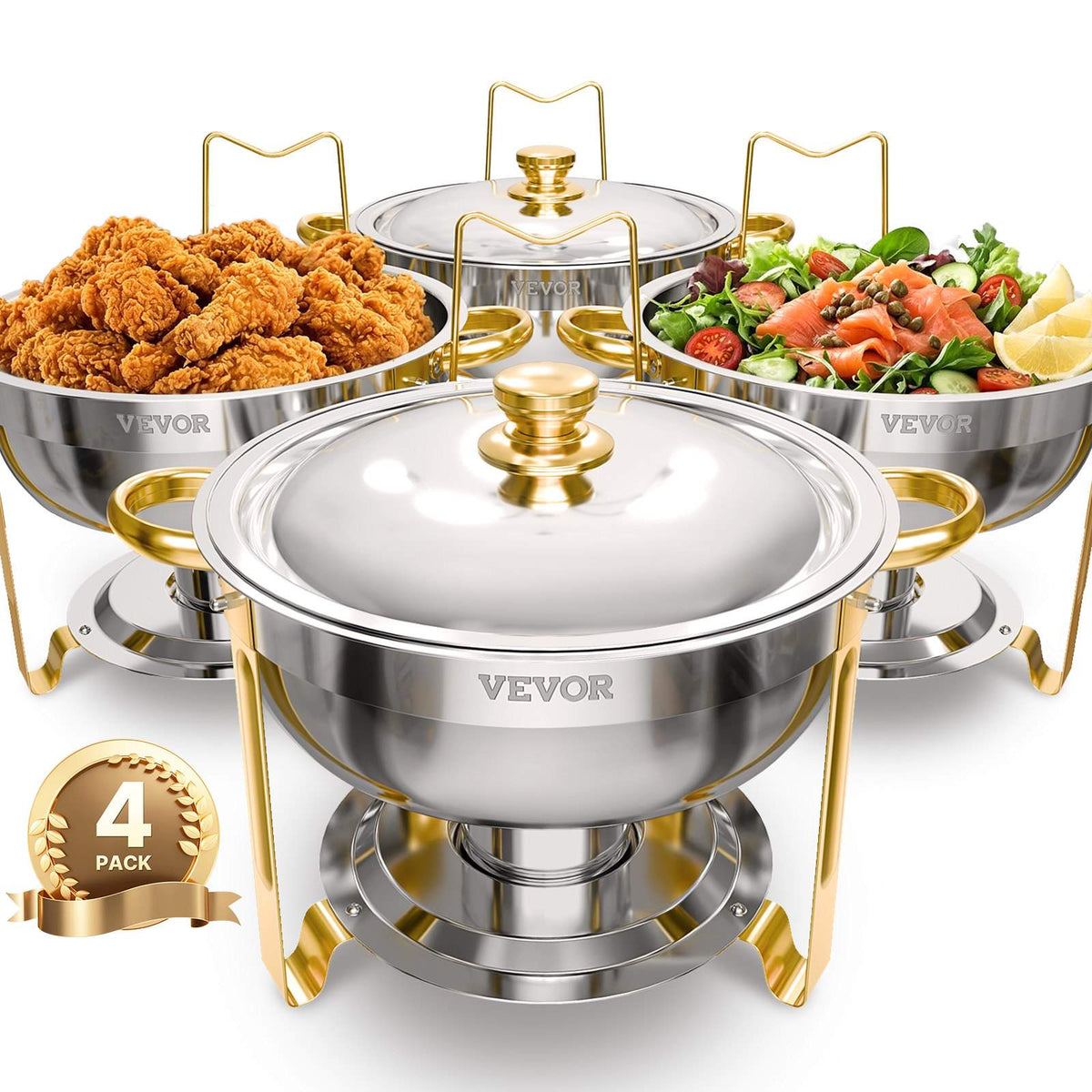 Chafing Dish Buffet Set, 5 Qt 4 Pack, Stainless Steel Chafer with 4 Full Size Pans, Round Catering Warmer Server with Lid Water Pan Folding Stand Clip, for Weddings Parties Banquets, Gold