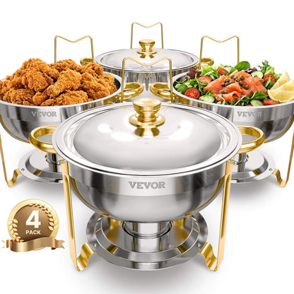 Chafing Dish Buffet Set, 5 Qt 4 Pack, Stainless Steel Chafer with 4 Full Size Pans, Round Catering Warmer Server with Lid Water Pan Folding Stand Clip, for Weddings Parties Banquets, Gold