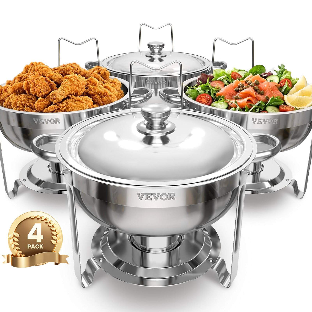 Chafing Dish Buffet Set, 5 Qt 4 Pack, Stainless Steel Chafer with 4 Full Size Pans, Round Catering Warmer Server with Lid Water Pan Folding Stand Clip, for Weddings Parties Banquets, Silver