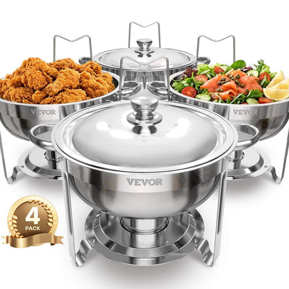Chafing Dish Buffet Set, 5 Qt 4 Pack, Stainless Steel Chafer with 4 Full Size Pans, Round Catering Warmer Server with Lid Water Pan Folding Stand Clip, for Weddings Parties Banquets, Silver