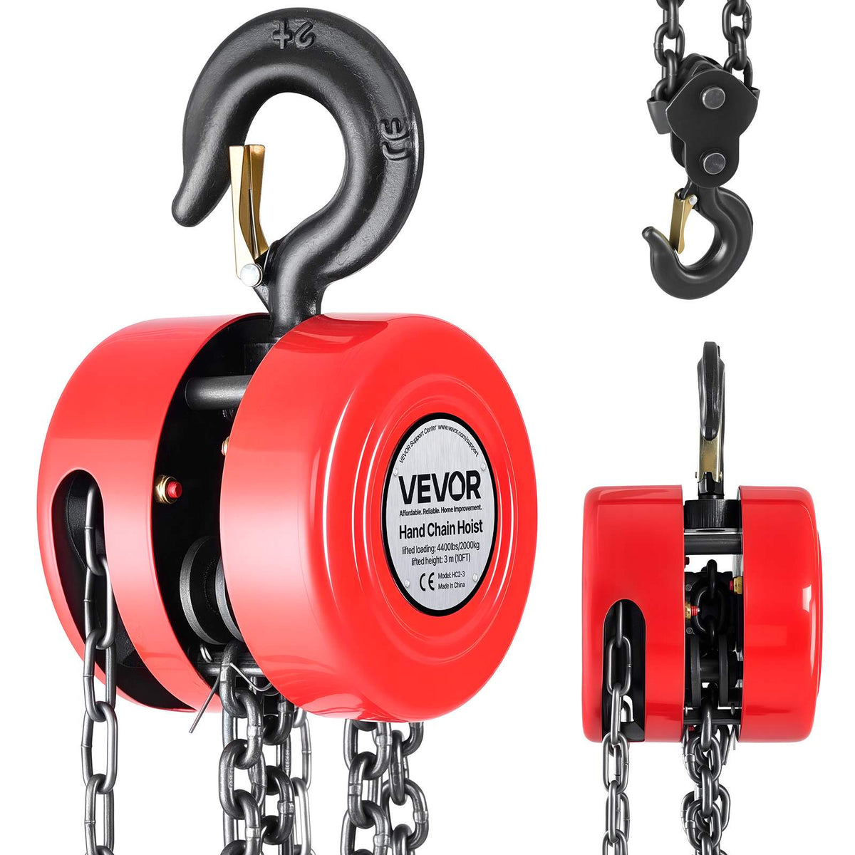 Hand Chain Hoist, 2 Ton 4400 lbs Capacity, Manual Chain Block with Upgrade G70 Galvanized Chain, 10 ft Lifting Height, Heavy Duty Pulley Hoist for Garage Warehouse Automotive Machinery, Red