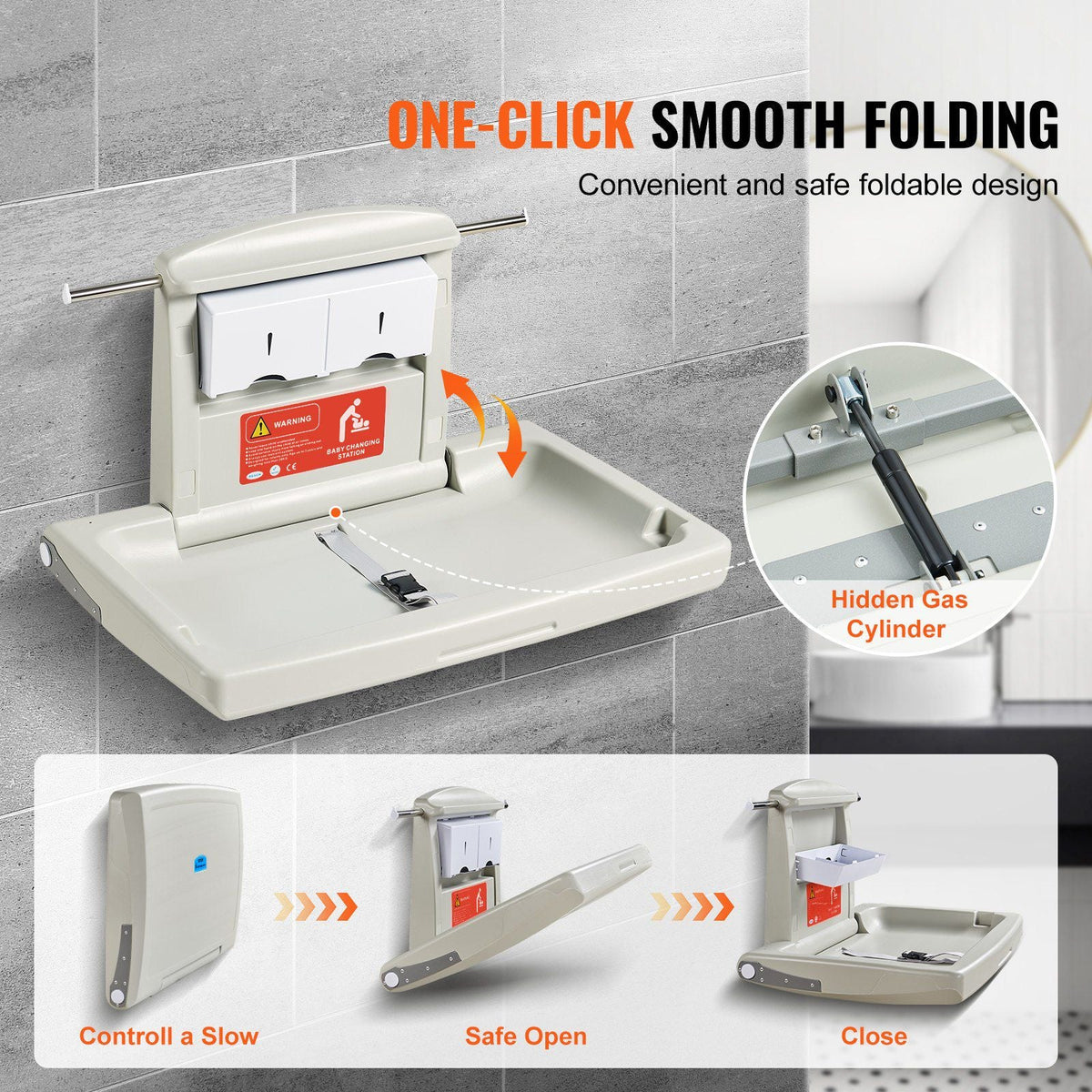 Wall-Mounted Baby Changing Station, Horizontal Foldable Diaper Change Table with Safety Straps and Hanging Rods, Use in Commercial Bathrooms,  Daycare Centers for Newborns & Infant