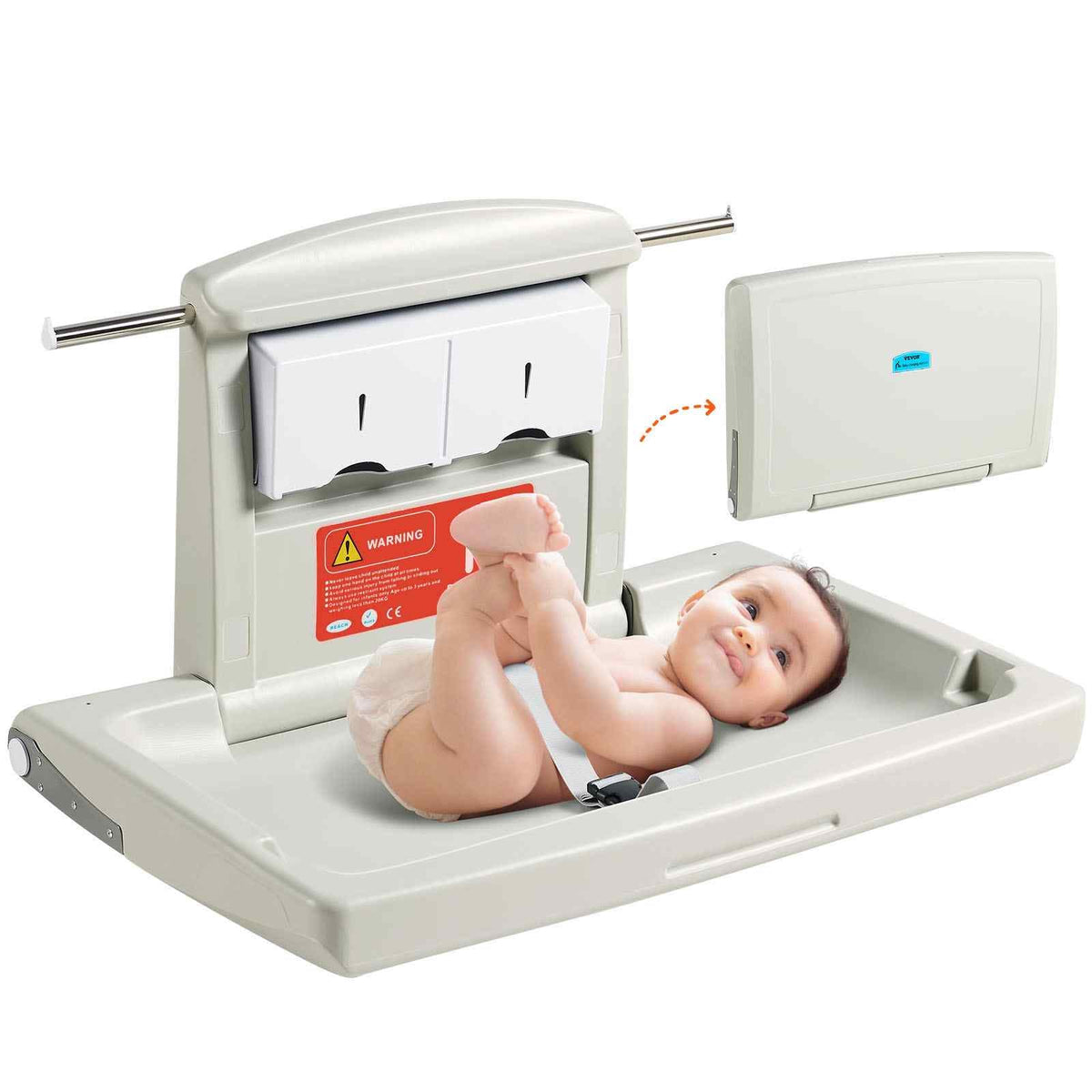Wall-Mounted Baby Changing Station, Horizontal Foldable Diaper Change Table with Safety Straps and Hanging Rods, Use in Commercial Bathrooms,  Daycare Centers for Newborns & Infant