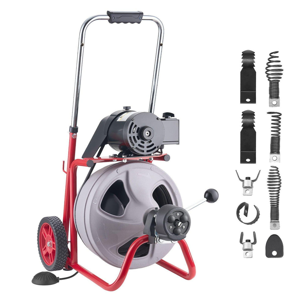 Drain Cleaner Machine 75 FT x 3/8 Inch, Auto Feed Sewer Snake Drain Auger on Wheels, Portable Drain Cleaning Machine with 8 Cutters & Air-Activated Foot Switch for 2" to 4" Pipes
