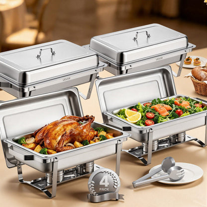 Chafing Dish Buffet Set, 8 Qt 4 Pack, Stainless Steel Chafer with 4 Full Size Pans, Rectangle Catering Warmer Server with Lid Water Pan Stand Fuel Holder, for Weddings Parties Banquets, Silver
