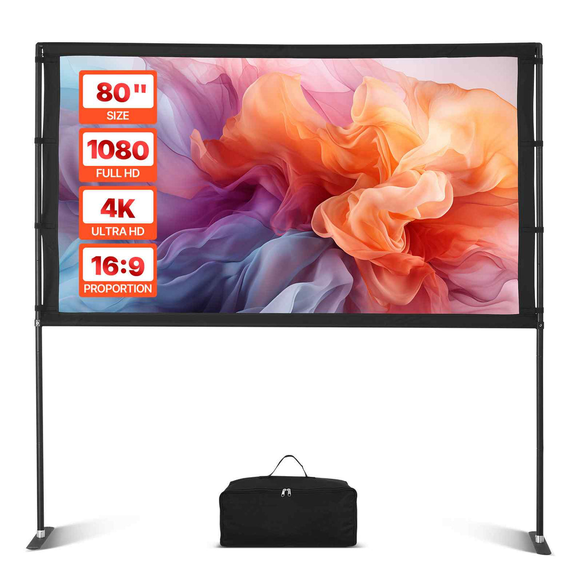 Projector Screen with Stand, 80 Inch 160° Wide Angle Indoor Outdoor Projection Screen, 16:9 4K HD Wrinkleless Portable Dual-Stand Screens with Carry Bag, for Movie Home Theater Presentation