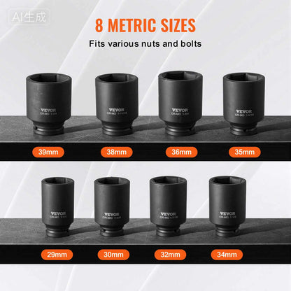 Axle Nut Impact Socket Set, 1/2" Drive Deep 12-Point 8-Piece Metric Spindle Nut Socket Set, CR-MO Heat Treated Large Socket Set with Storage Case, Auto Repair, Removing or Installing Axle Nuts