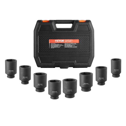 Axle Nut Impact Socket Set, 1/2" Drive Deep 12-Point 8-Piece Metric Spindle Nut Socket Set, CR-MO Heat Treated Large Socket Set with Storage Case, Auto Repair, Removing or Installing Axle Nuts