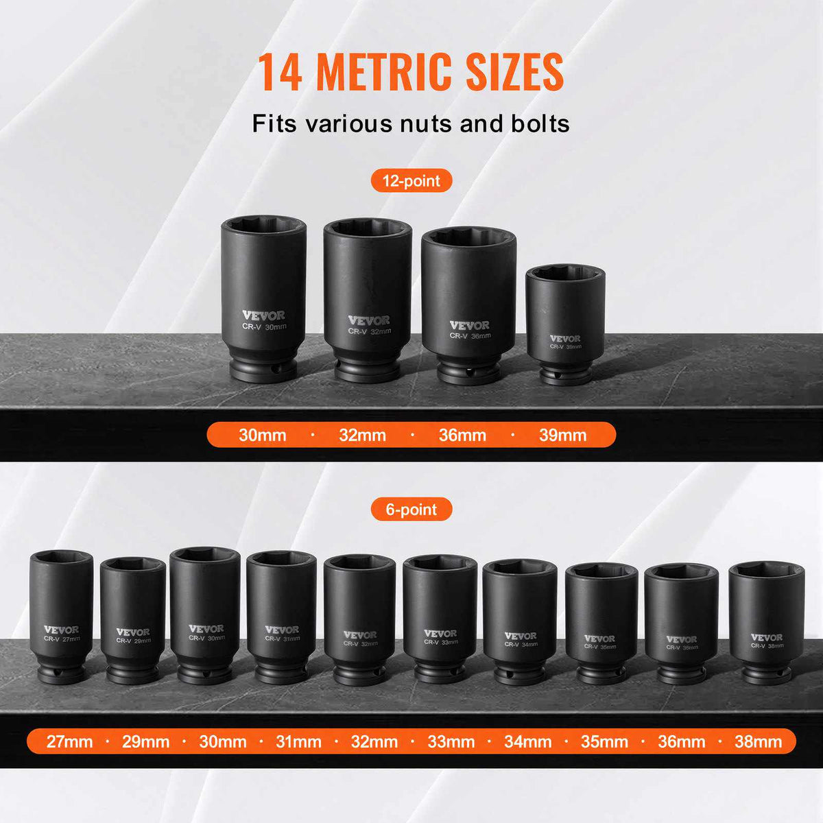 Axle Nut Impact Socket Set, 1/2" Drive Deep 6+12-Point 14-Piece Metric Spindle Nut Socket Set, CR-V Heat Treated Large Socket Set with Storage Case, Auto Repair, Removing or Installing Axle Nuts