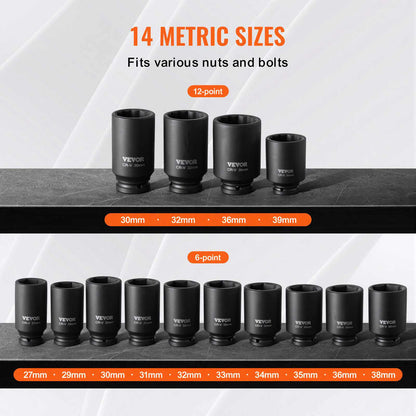 Axle Nut Impact Socket Set, 1/2" Drive Deep 6+12-Point 14-Piece Metric Spindle Nut Socket Set, CR-V Heat Treated Large Socket Set with Storage Case, Auto Repair, Removing or Installing Axle Nuts