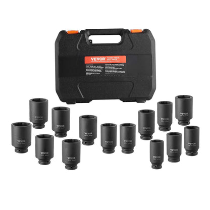 Axle Nut Impact Socket Set, 1/2" Drive Deep 6+12-Point 14-Piece Metric Spindle Nut Socket Set, CR-V Heat Treated Large Socket Set with Storage Case, Auto Repair, Removing or Installing Axle Nuts