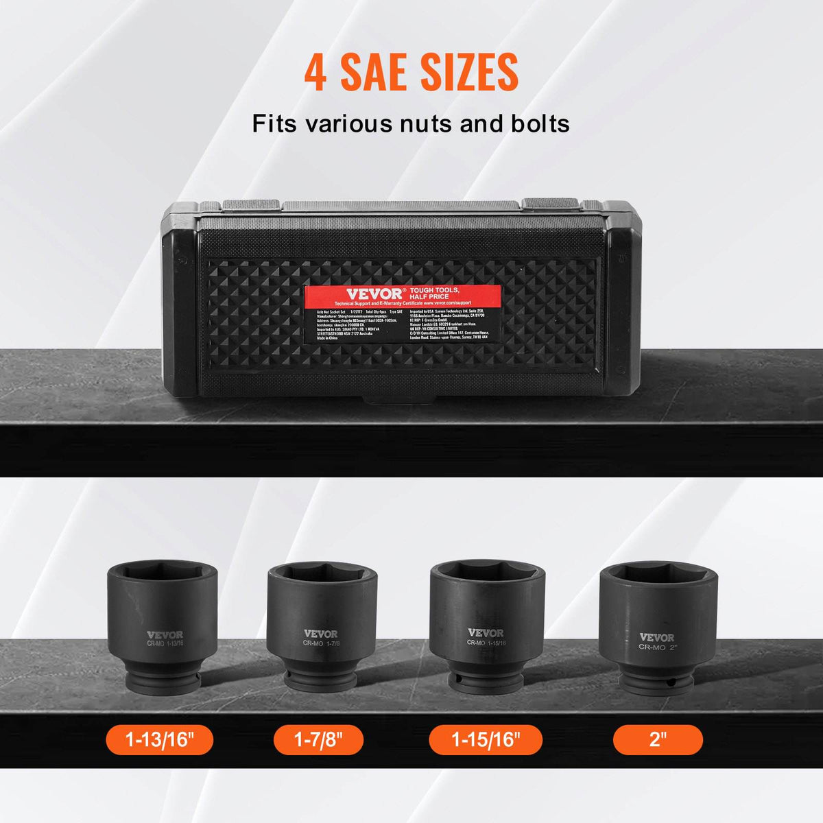 Axle Nut Impact Socket Set, 1/2" Drive 6-Point 4-Piece SAE Spindle Nut Socket Set, CR-MO Heat Treated Large Socket Set with Storage Case, for Auto Repair, Removing or Installing Axle Nuts