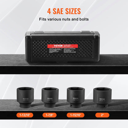 Axle Nut Impact Socket Set, 1/2" Drive 6-Point 4-Piece SAE Spindle Nut Socket Set, CR-MO Heat Treated Large Socket Set with Storage Case, for Auto Repair, Removing or Installing Axle Nuts