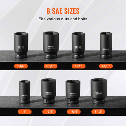Axle Nut Impact Socket Set, 3/4" Drive Deep 6-Point 8-Piece SAE Spindle Nut Socket Set, CR-MO Heat Treated Large Socket Set with Storage Case, for Auto Repair, Removing or Installing Axle Nuts