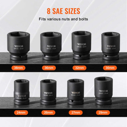 Axle Nut Impact Socket Set, 3/4" Drive 6-Point 8-Piece Metric Spindle Nut Socket Set, CR-MO Heat Treated Large Socket Set with Storage Case, for Auto Repair, Removing or Installing Axle Nuts
