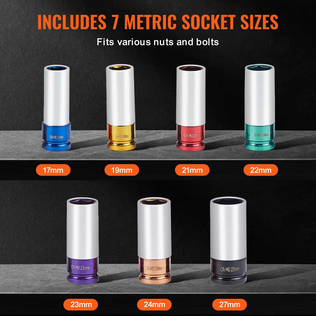 Lug Nut Impact Socket Set, 1/2 inch Drive Metric 6-Point Deep Socket Set, 7 Total Lug Nut Sizes 17/19/21/22/23/24/27mm, CR-MO Steel Wheel Socket Set with Storage Case, for Auto Repair