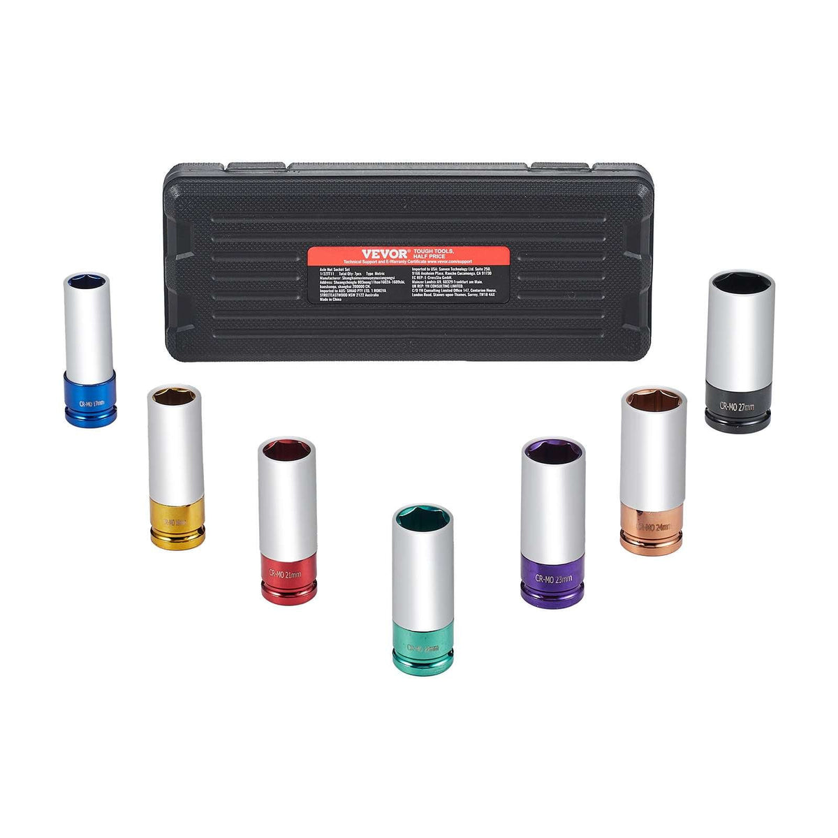 Lug Nut Impact Socket Set, 1/2 inch Drive Metric 6-Point Deep Socket Set, 7 Total Lug Nut Sizes 17/19/21/22/23/24/27mm, CR-MO Steel Wheel Socket Set with Storage Case, for Auto Repair