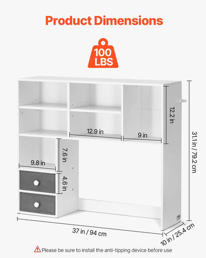 Desktop Bookshelf, 3-Tier Desktop Storage Organizer, 37" x 10" x 31.1" Office Storage Rack Wood Display Shelf, Desktop Bookshelf Hutch with Two Fabric Drawers, for Office, Home & Dorm, White
