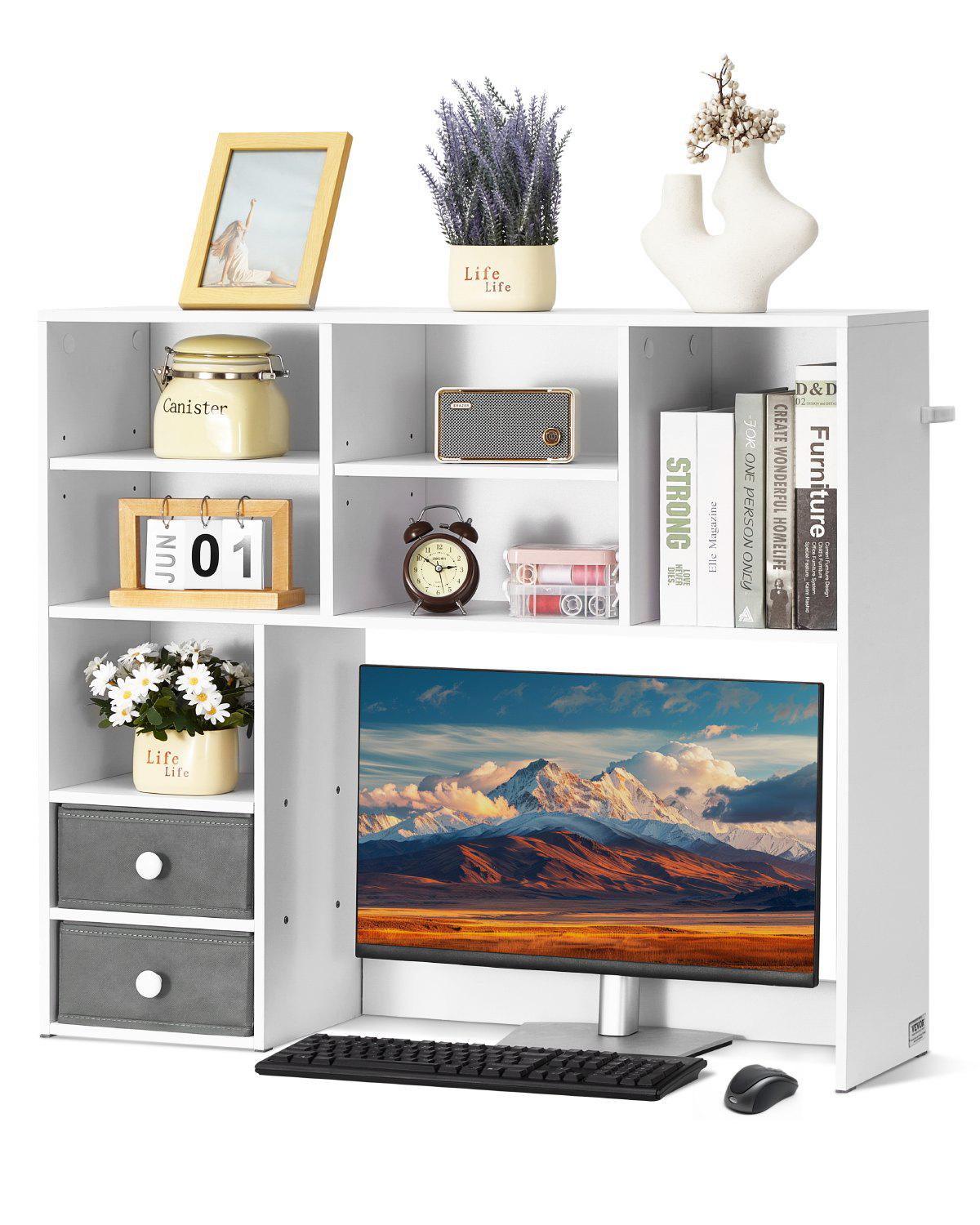Desktop Bookshelf, 3-Tier Desktop Storage Organizer, 37" x 10" x 31.1" Office Storage Rack Wood Display Shelf, Desktop Bookshelf Hutch with Two Fabric Drawers, for Office, Home & Dorm, White