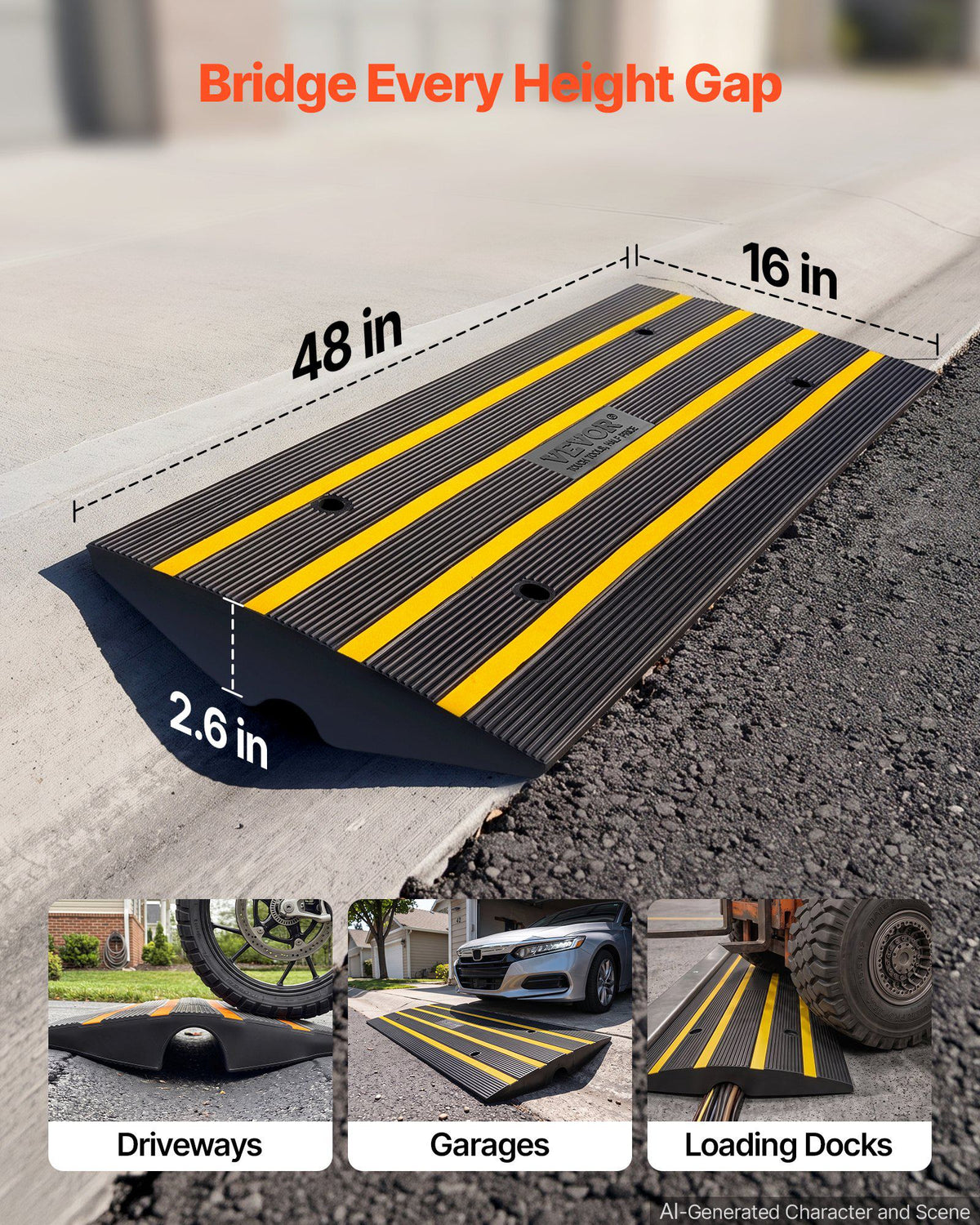 Curb Ramp, 2.6" Rise Rubber Driveway Ramps, Heavy Duty 33069 lbs Weight Capacity Threshold Ramp, Curbside Bridge Ramps for Loading Dock Garage Sidewalk, Expandable Full Ramp Set