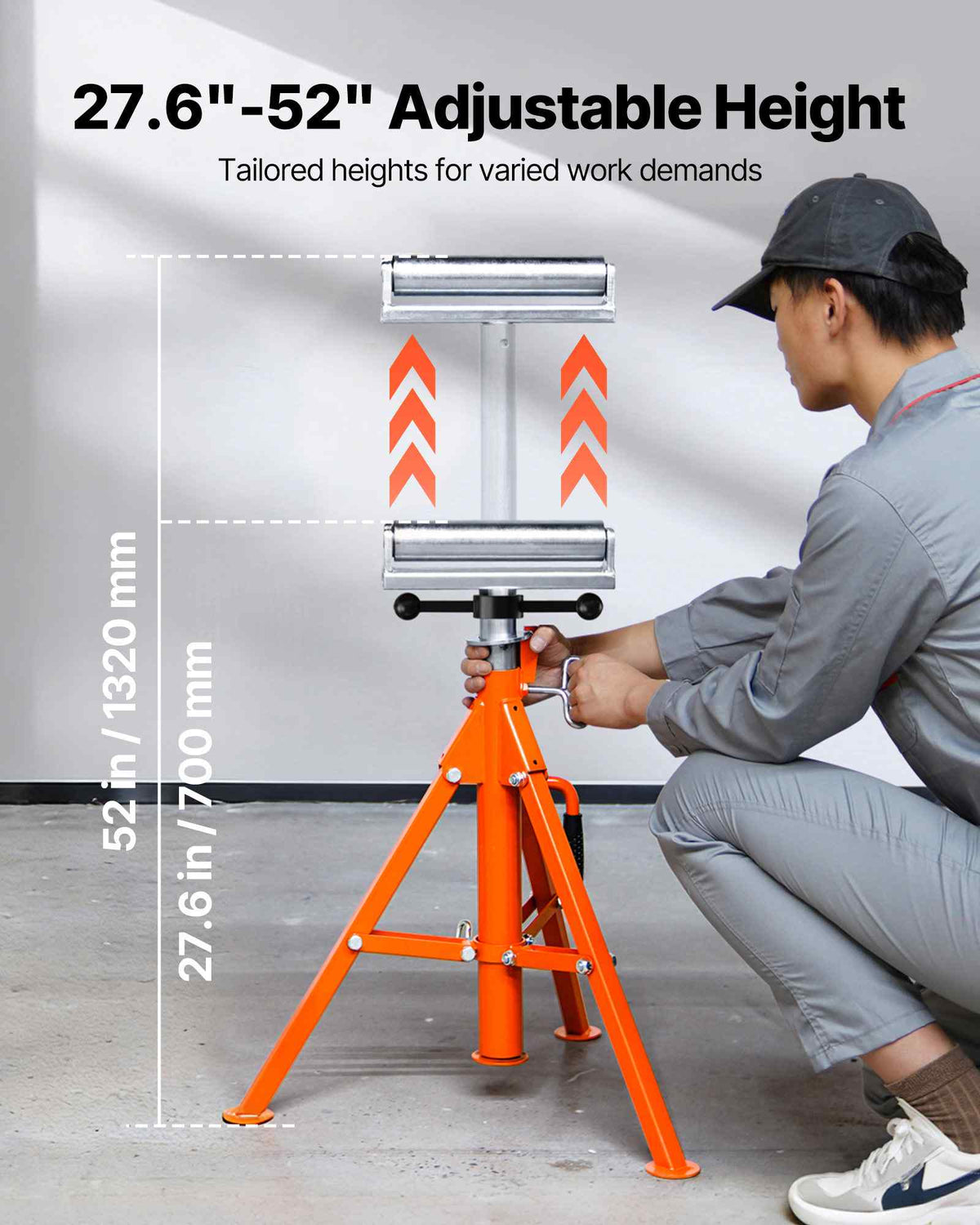 Roller Stand, Heavy Duty 2500 LBS Load Capacity, 27.6"-52" Height Adjustable, 45# Steel Folding Roller Support Stand for Pipes, Wooden Boards