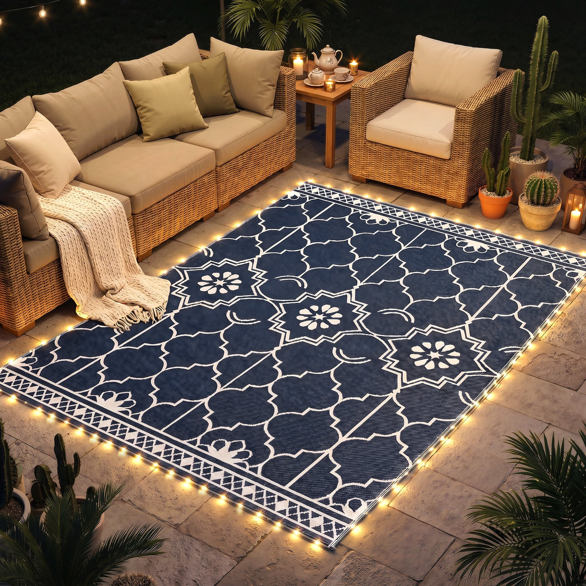 Reversible Outdoor Rug Carpet with LED Lights, 10' x 8' PP Straw Rug with Carry Bag and Ground Stakes