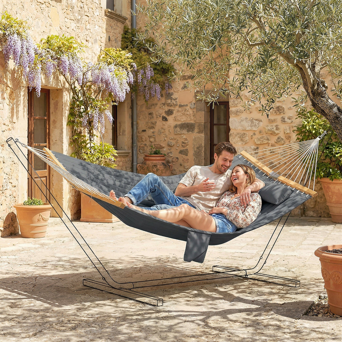 Outdoor Hammock 2-Person, with Pillow & Pad, 440 lbs Capacity, Gray