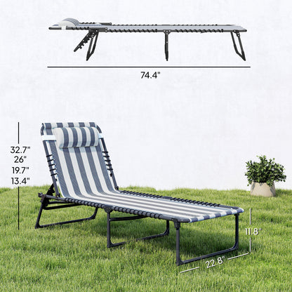 2 Folding Chaise Lounge Pool Chairs with 4-Position Reclining Back, Pillow, Breathable Mesh & Bungee Seat, Blue White