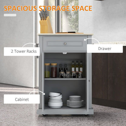 Rolling Kitchen Island Cart, Portable Serving Trolley Table with Drawer, Adjustable Shelf and 2 Towel Racks, Grey