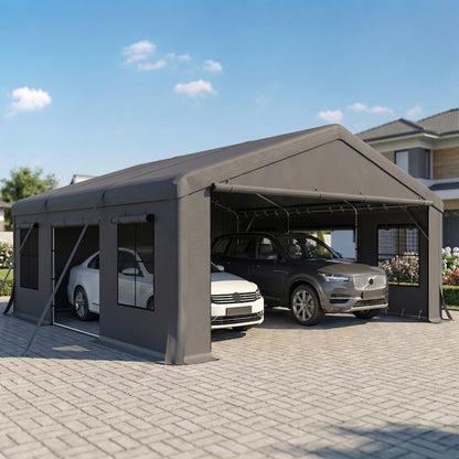 20' x 20' Heavy Duty Carport, Portable Garage Car Canopy Tent Shelter with 3 Roll-up Doors, 4 Windows, Dark Gray