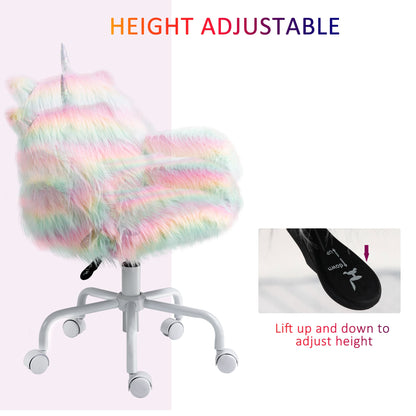 Fluffy Unicorn Office Chair with Mid-Back and Armrest Support, 5 Star Swivel Wheel White Base, Rainbow