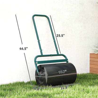 20-Inch Push/Tow Behind Lawn Roller Filled with 10 Gal Water or Sand for Flattening Sod in the Garden, Dark Green