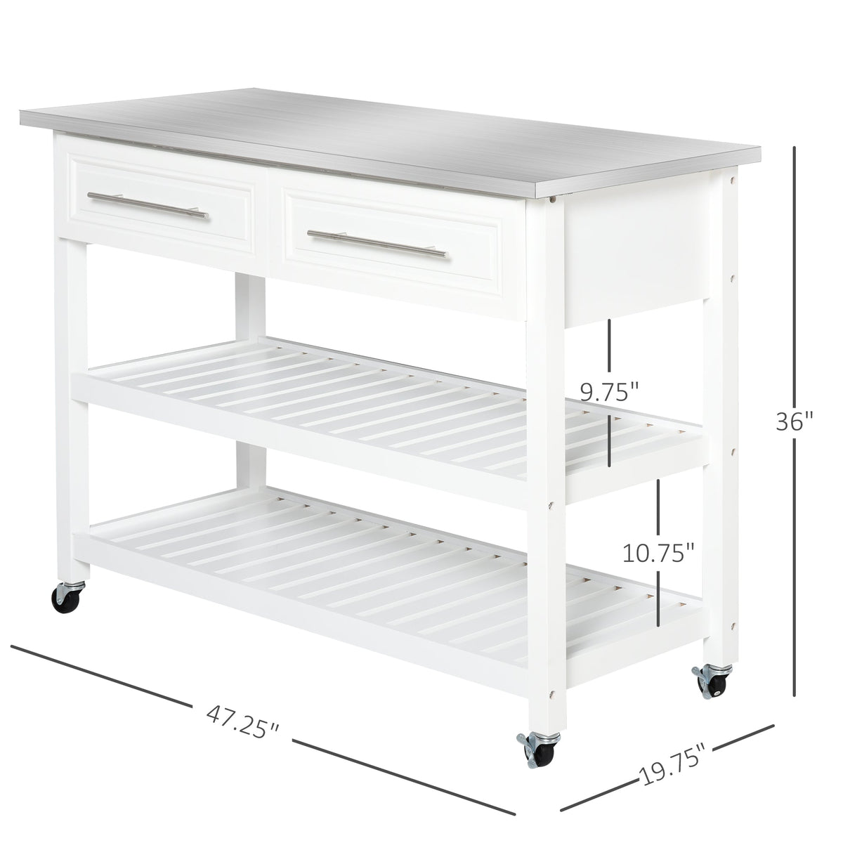 Kitchen Island with Stainless Steel Top, Traditional Kitchen Island with Storage, Butcher Block Cart 2-Tier Open Shelves, Drawers, White