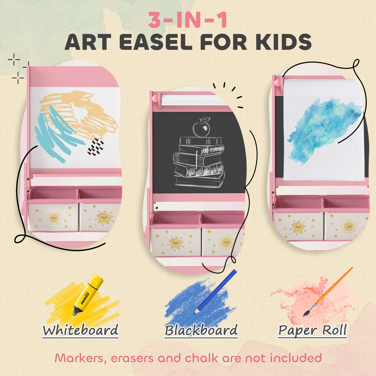 Art Easel for Kids, Double-Sided Whiteboard & Chalkboard with Paper Roll, Storage Baskets for Toddlers Ages 3-8, Pink