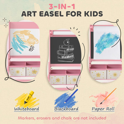 Art Easel for Kids, Double-Sided Whiteboard & Chalkboard with Paper Roll, Storage Baskets for Toddlers Ages 3-8, Pink