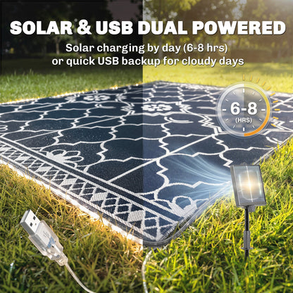 Reversible Outdoor Rug Carpet with LED Lights, 10' x 8' PP Straw Rug with Carry Bag and Ground Stakes